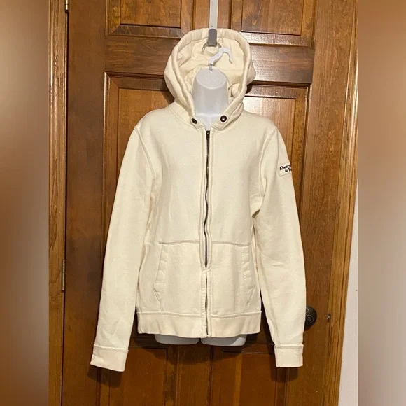 Abercrombie & Fitch Y2K Muscle Off white Full Zip up Hoodie Size Medium - Picture 2 of 13